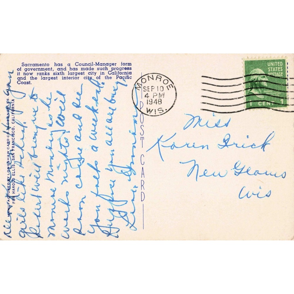Sacramento CA City Hall Vintage Linen Postcard 1948 Longshaw #1315 Posted - Picture 2 of 2